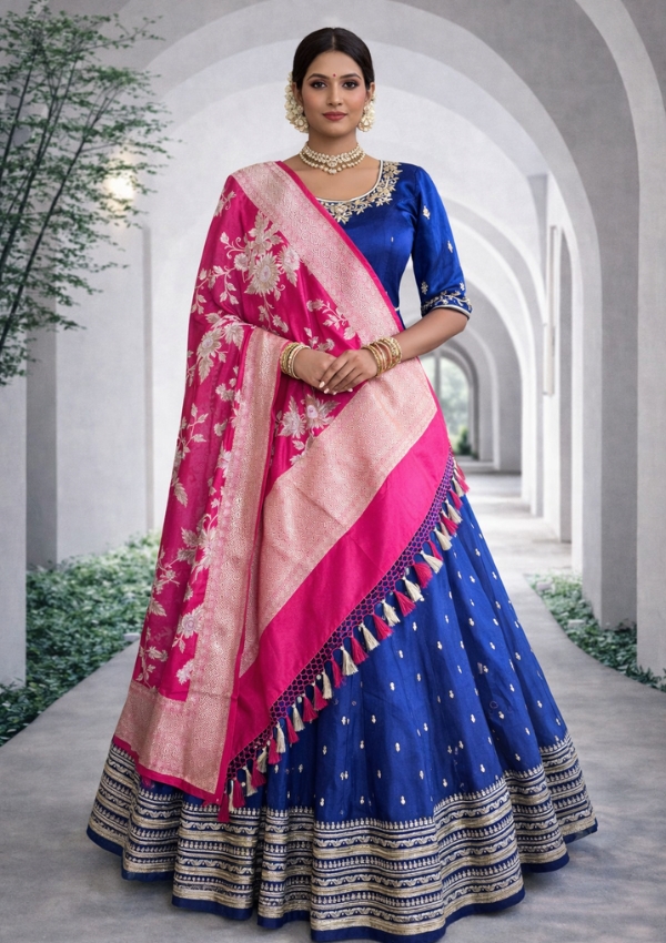 Royal Blue Lehenga with Pink Dupatta
